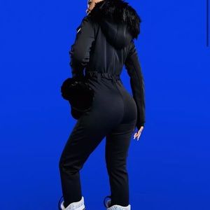 ASOS 4505 ski fitted belted ski suit with fur faux hood